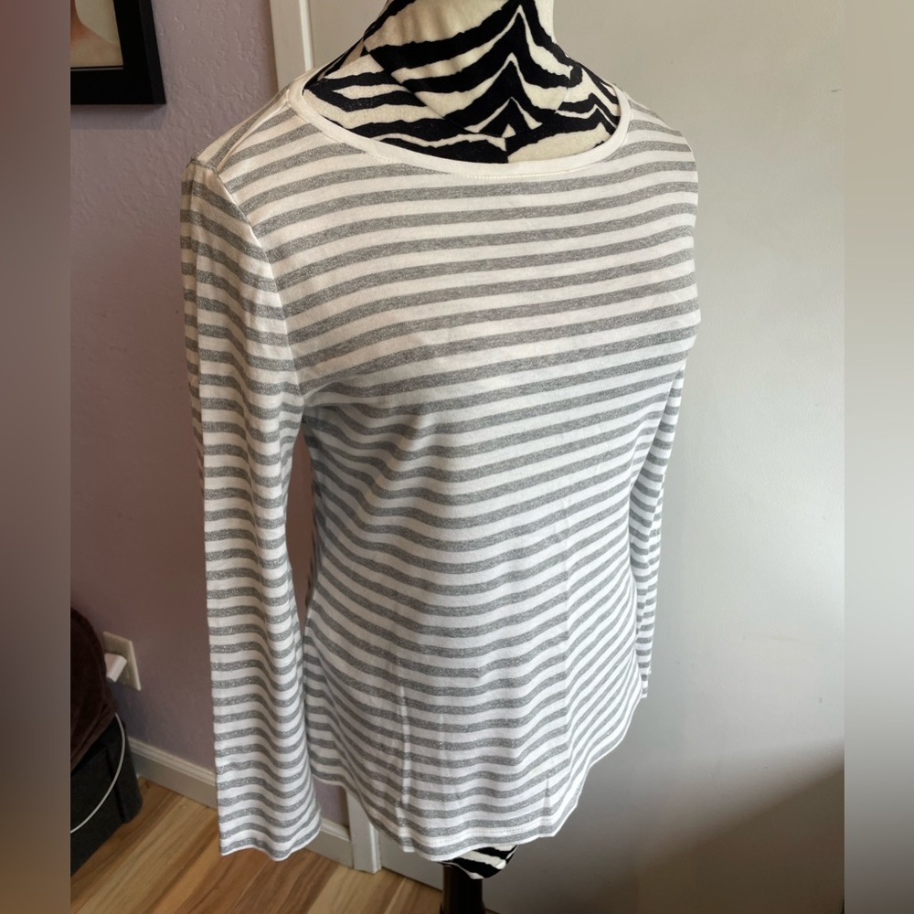 Talbots White and Silver Sparkle Striped Long Sleeve Top